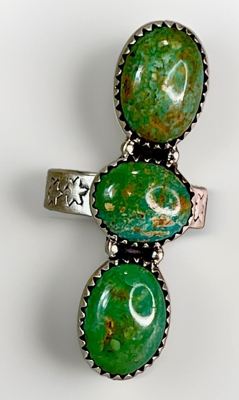 Southwest Sterling Silver Cripple Creek Turquoise 3 Stone Statement Ring Adj Sz